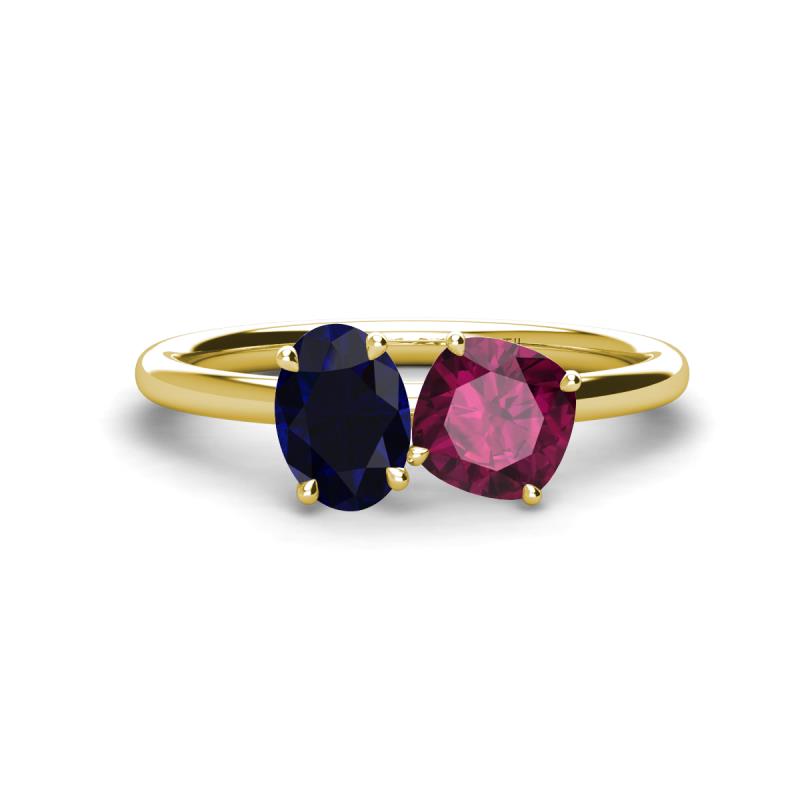 Tanya Oval Shape Blue Sapphire & Cushion Shape Rhodolite Garnet 2 Stone Duo Ring 