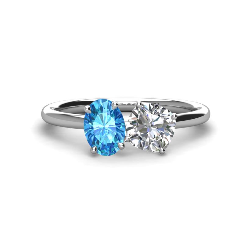 Tanya Oval Shape Blue Topaz & Cushion Shape GIA Certified Diamond 2 Stone Duo Ring 