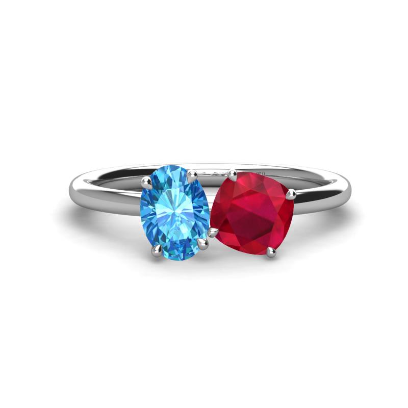 Tanya Oval Shape Blue Topaz & Cushion Shape Ruby 2 Stone Duo Ring 