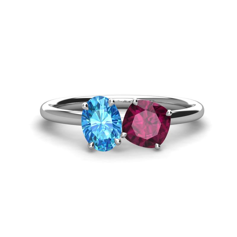 Tanya Oval Shape Blue Topaz & Cushion Shape Rhodolite Garnet 2 Stone Duo Ring 