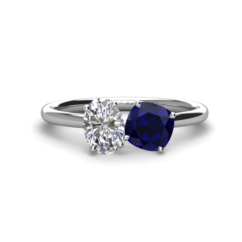 Tanya Oval Shape GIA Certified Diamond & Cushion Shape Blue Sapphire 2 Stone Duo Ring 