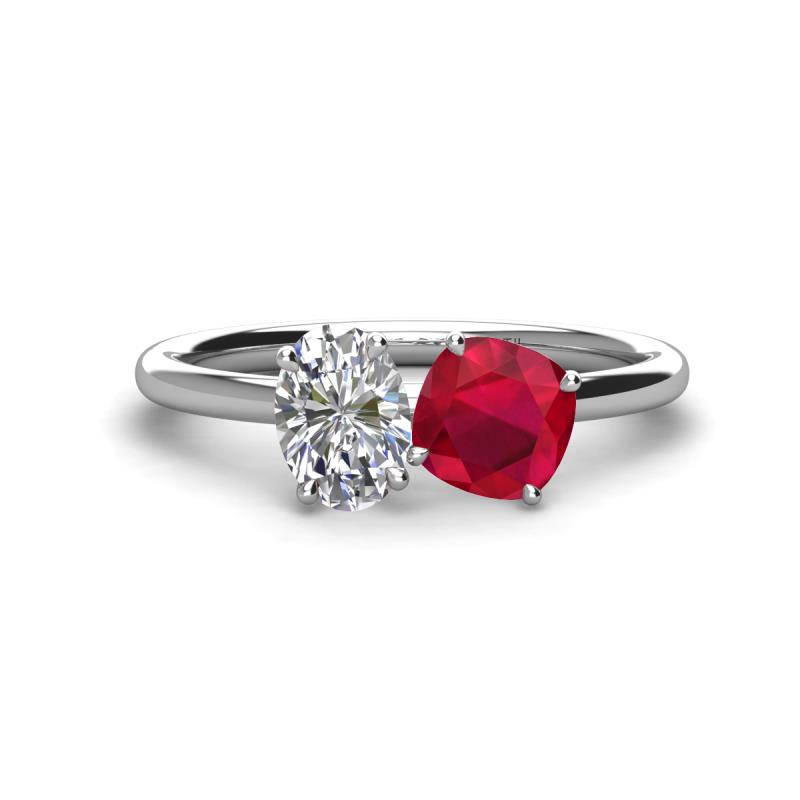 Tanya Oval Shape GIA Certified Diamond & Cushion Shape Ruby 2 Stone Duo Ring 