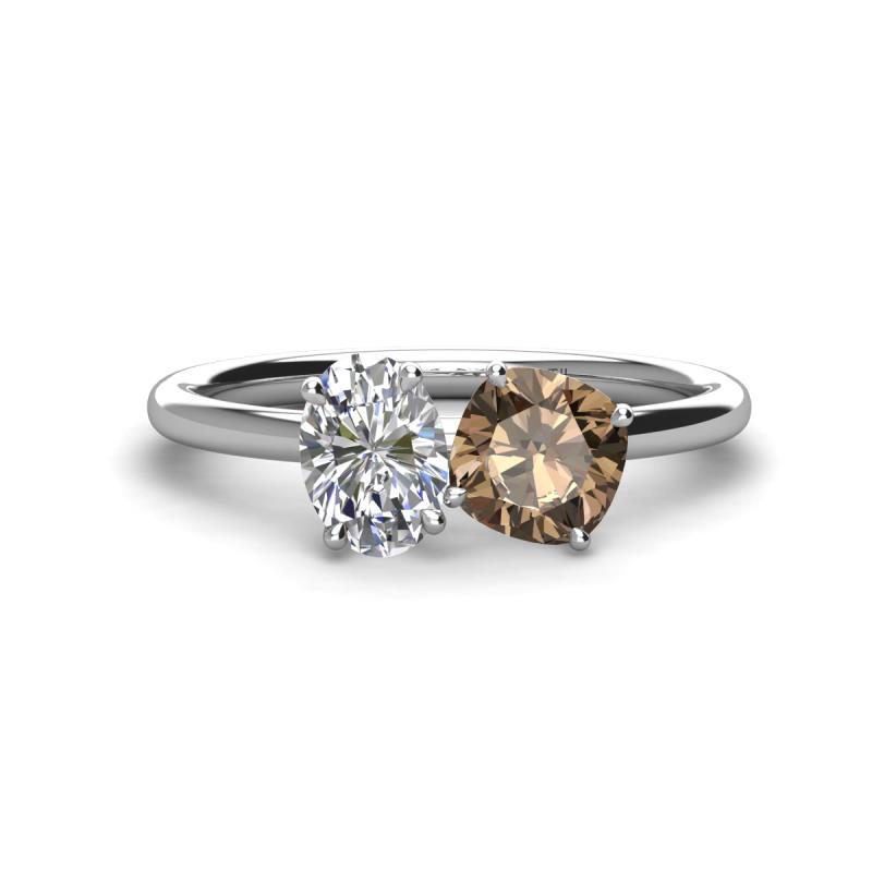 Tanya Oval Shape GIA Certified Diamond & Cushion Shape Smoky Quartz 2 Stone Duo Ring 