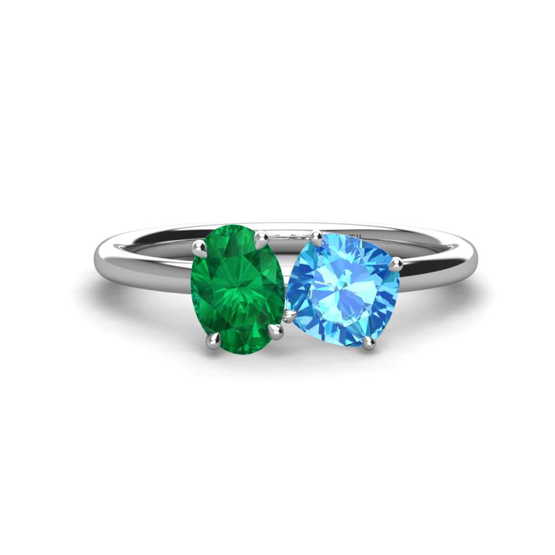 Tanya Oval Shape Emerald & Cushion Shape Blue Topaz 2 Stone Duo Ring 