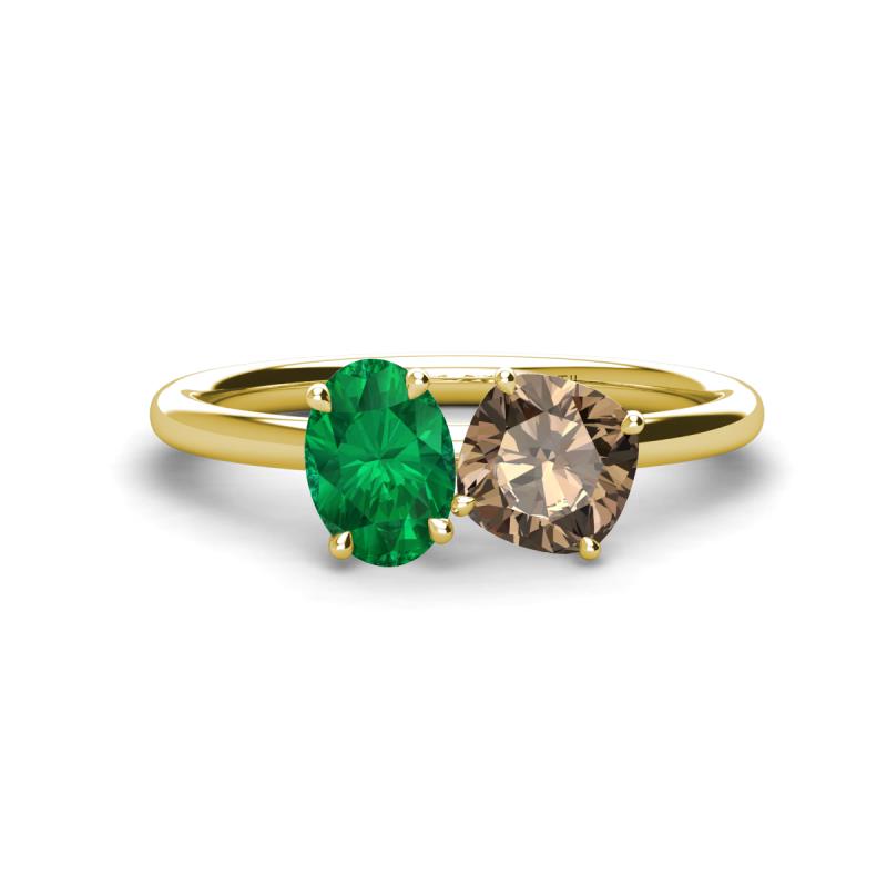 Tanya Oval Shape Emerald & Cushion Shape Smoky Quartz 2 Stone Duo Ring 