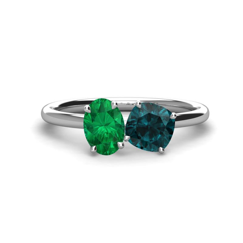 Tanya Oval Shape Emerald & Cushion Shape London Blue Topaz 2 Stone Duo Ring 