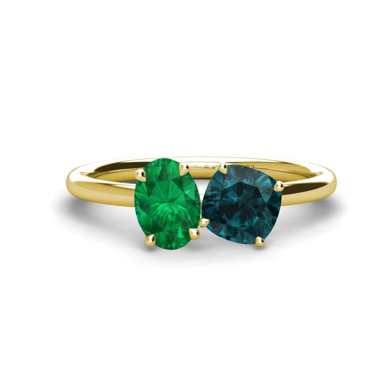 Tanya Oval Shape Emerald & Cushion Shape London Blue Topaz 2 Stone Duo Ring 