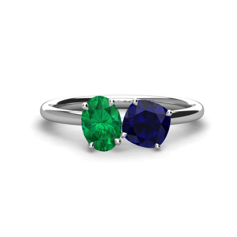 Tanya Oval Shape Emerald & Cushion Shape Blue Sapphire 2 Stone Duo Ring 