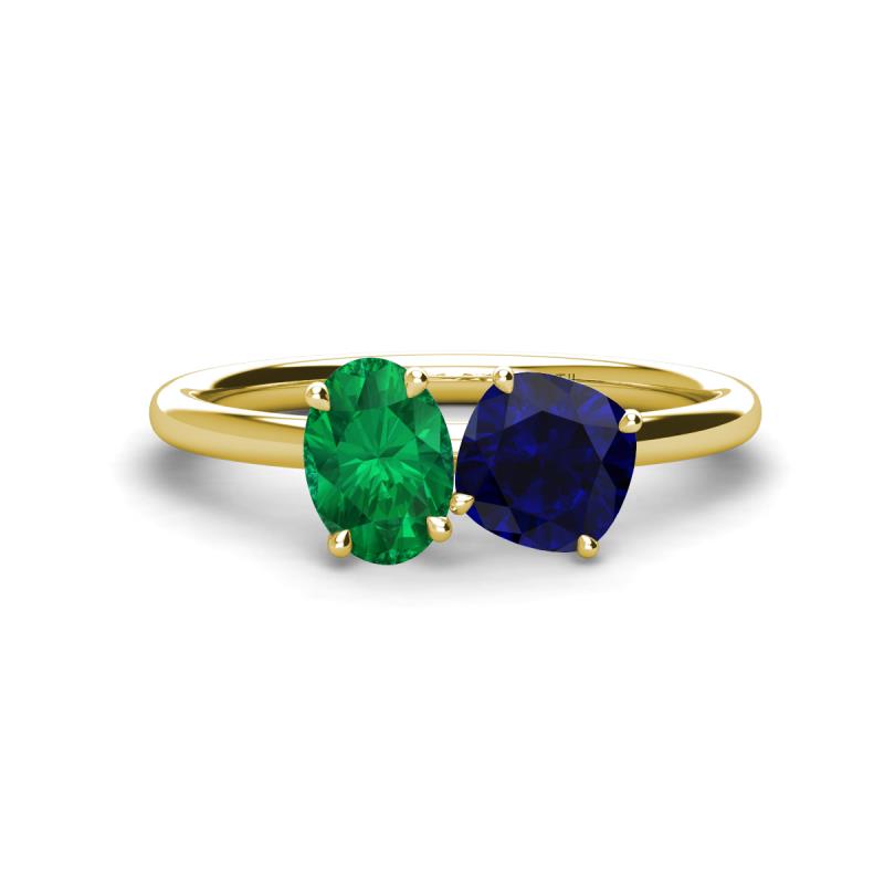 Tanya Oval Shape Emerald & Cushion Shape Blue Sapphire 2 Stone Duo Ring 