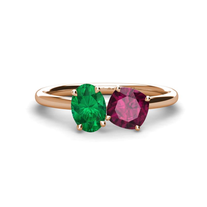 Tanya Oval Shape Emerald & Cushion Shape Rhodolite Garnet 2 Stone Duo Ring 