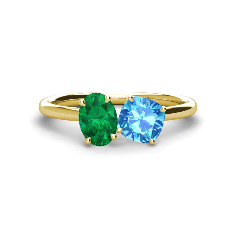 Tanya Oval Shape Emerald & Cushion Shape Blue Topaz 2 Stone Duo Ring 