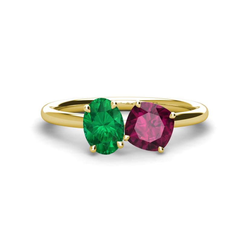 Tanya Oval Shape Emerald & Cushion Shape Rhodolite Garnet 2 Stone Duo Ring 
