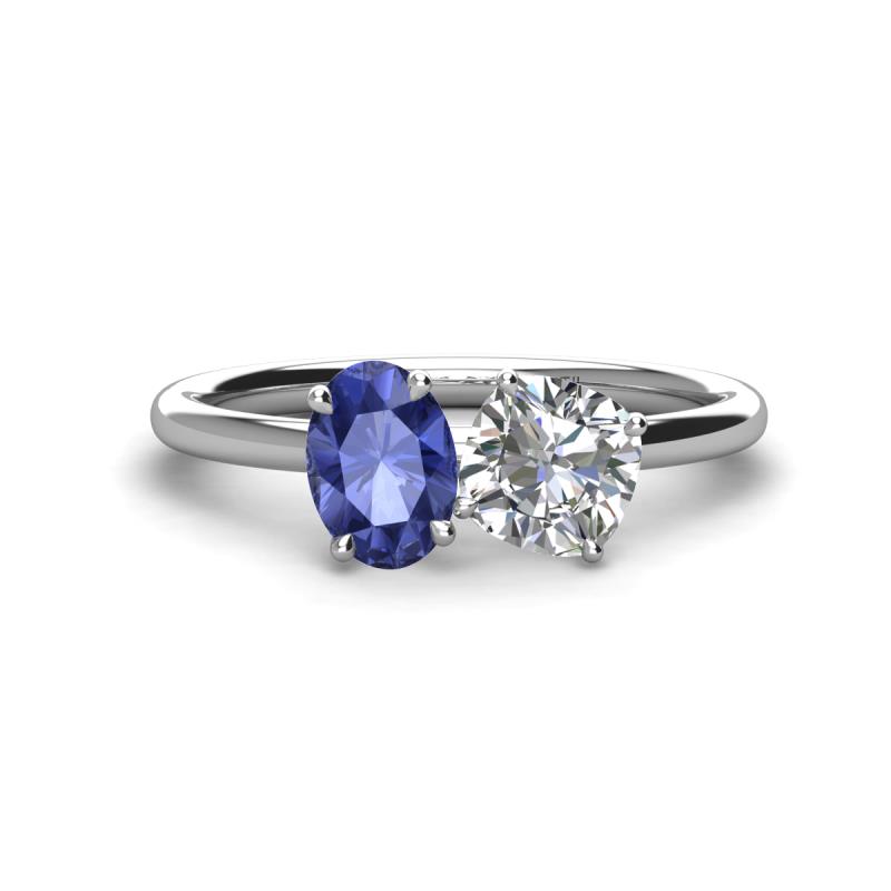 Tanya Oval Shape Iolite & Cushion Shape GIA Certified Diamond 2 Stone Duo Ring 