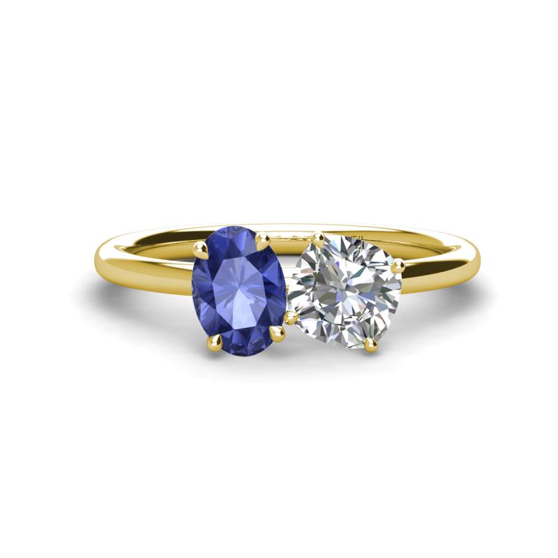 Tanya Oval Shape Iolite & Cushion Shape GIA Certified Diamond 2 Stone Duo Ring 