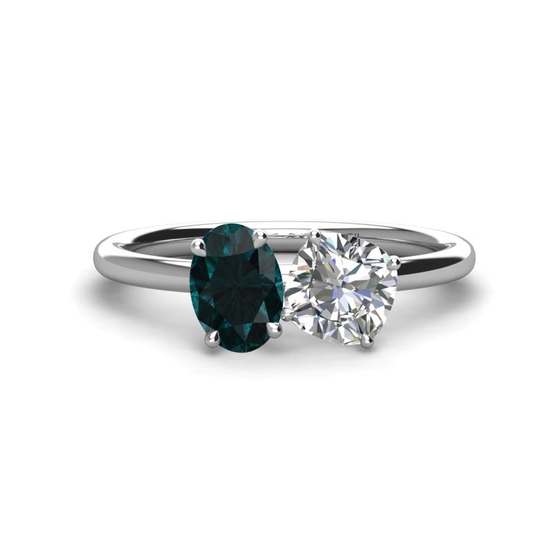 Tanya Oval Shape London Blue Topaz & Cushion Shape GIA Certified Diamond 2 Stone Duo Ring 