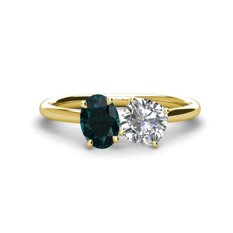 Tanya Oval Shape London Blue Topaz & Cushion Shape GIA Certified Diamond 2 Stone Duo Ring 