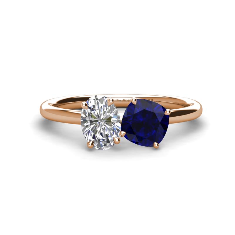 Tanya Oval Shape Forever One Moissanite & Cushion Shape Blue Sapphire 2 Stone Duo Ring 