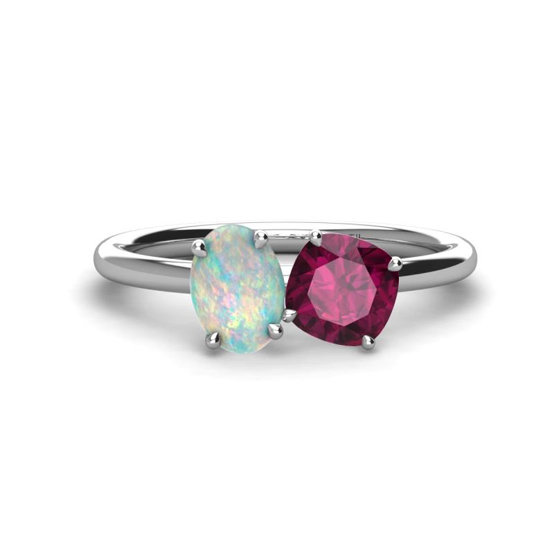 Tanya Oval Shape Opal & Cushion Shape Rhodolite Garnet 2 Stone Duo Ring 