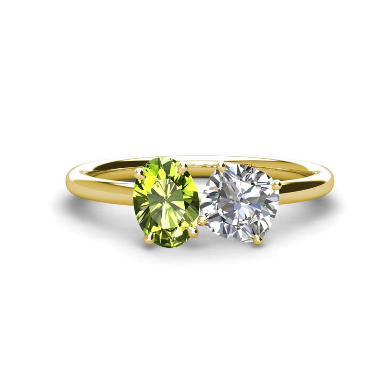 Tanya Oval Shape Peridot & Cushion Shape Forever Brilliant Moissanite 2 Stone Duo Ring 