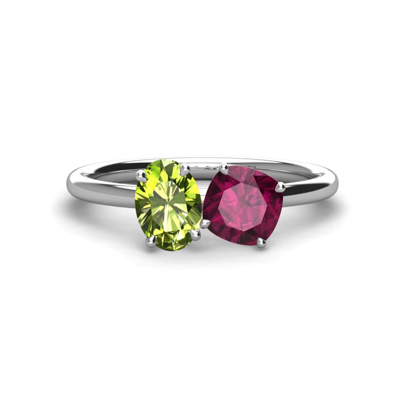 Tanya Oval Shape Peridot & Cushion Shape Rhodolite Garnet 2 Stone Duo Ring 