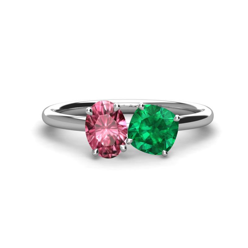 Tanya Oval Shape Pink Tourmaline & Cushion Shape Emerald 2 Stone Duo Ring 