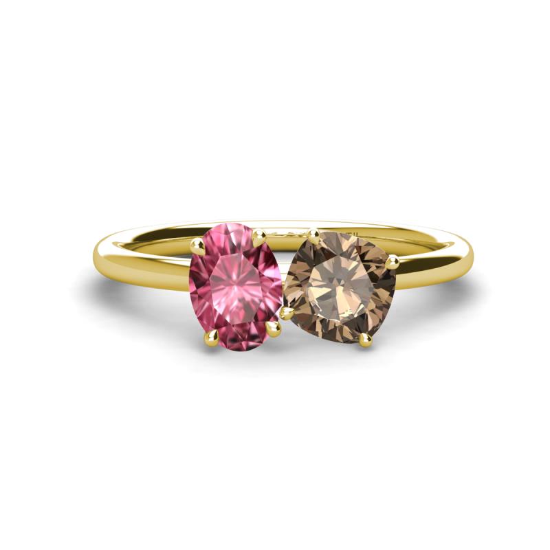 Tanya Oval Shape Pink Tourmaline & Cushion Shape Smoky Quartz 2 Stone Duo Ring 