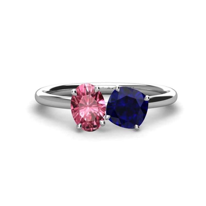 Tanya Oval Shape Pink Tourmaline & Cushion Shape Blue Sapphire 2 Stone Duo Ring 