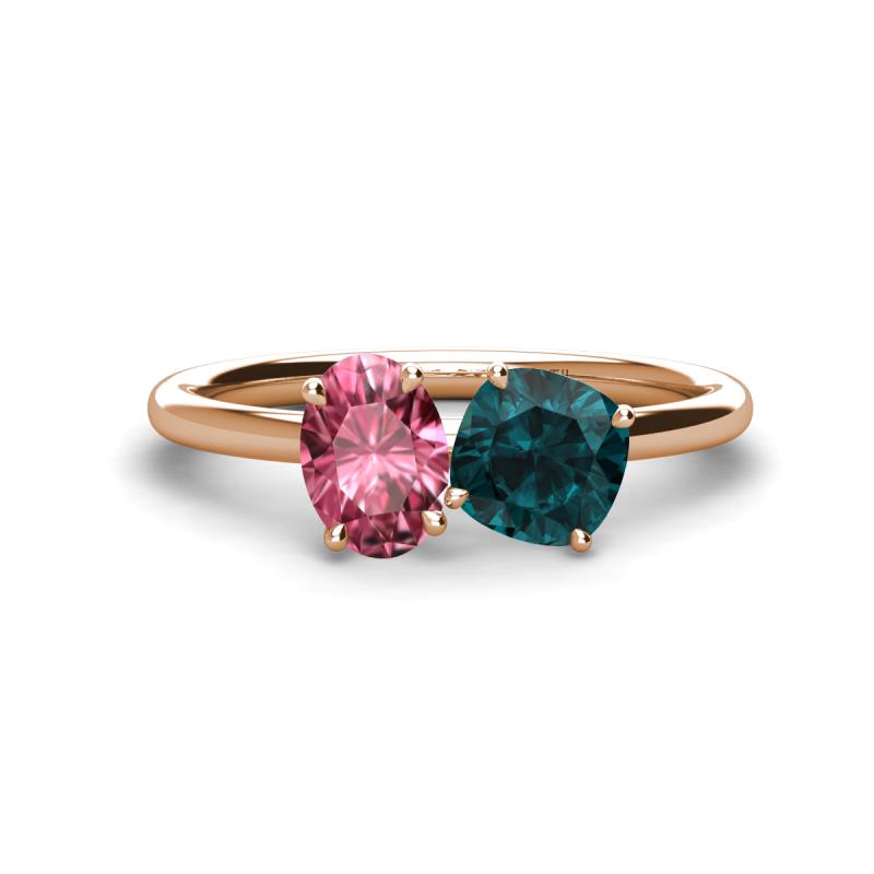 Tanya Oval Shape Pink Tourmaline & Cushion Shape London Blue Topaz 2 Stone Duo Ring 