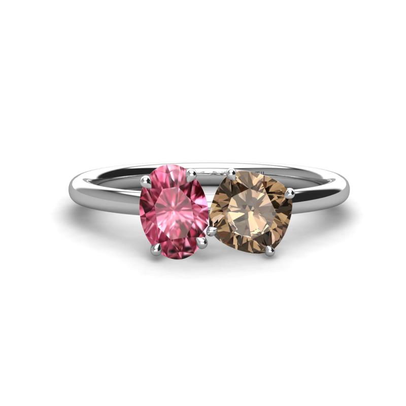 Tanya Oval Shape Pink Tourmaline & Cushion Shape Smoky Quartz 2 Stone Duo Ring 