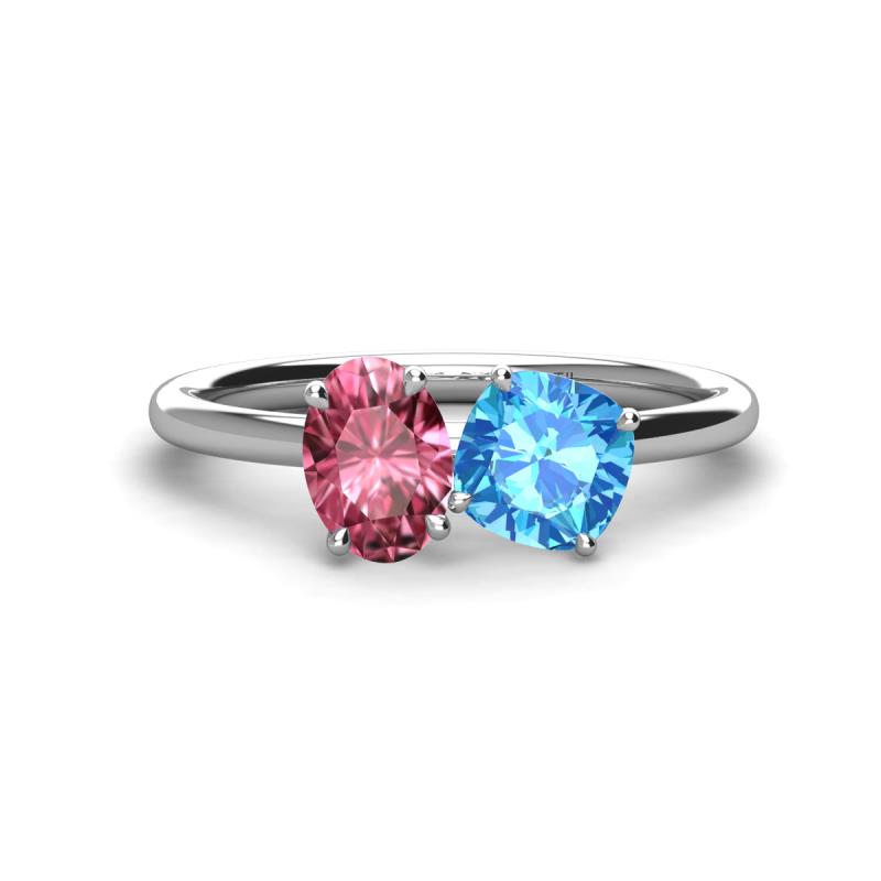 Tanya Oval Shape Pink Tourmaline & Cushion Shape Blue Topaz 2 Stone Duo Ring 