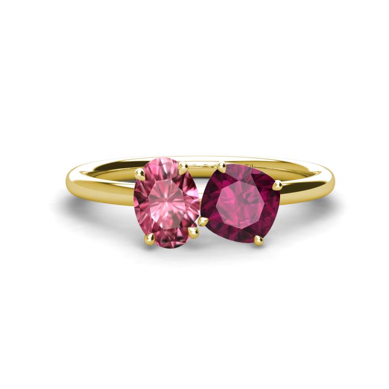 Tanya Oval Shape Pink Tourmaline & Cushion Shape Rhodolite Garnet 2 Stone Duo Ring 