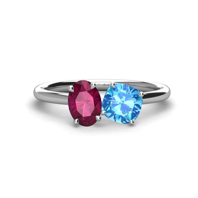 Tanya Oval Shape Rhodolite Garnet & Cushion Shape Blue Topaz 2 Stone Duo Ring 