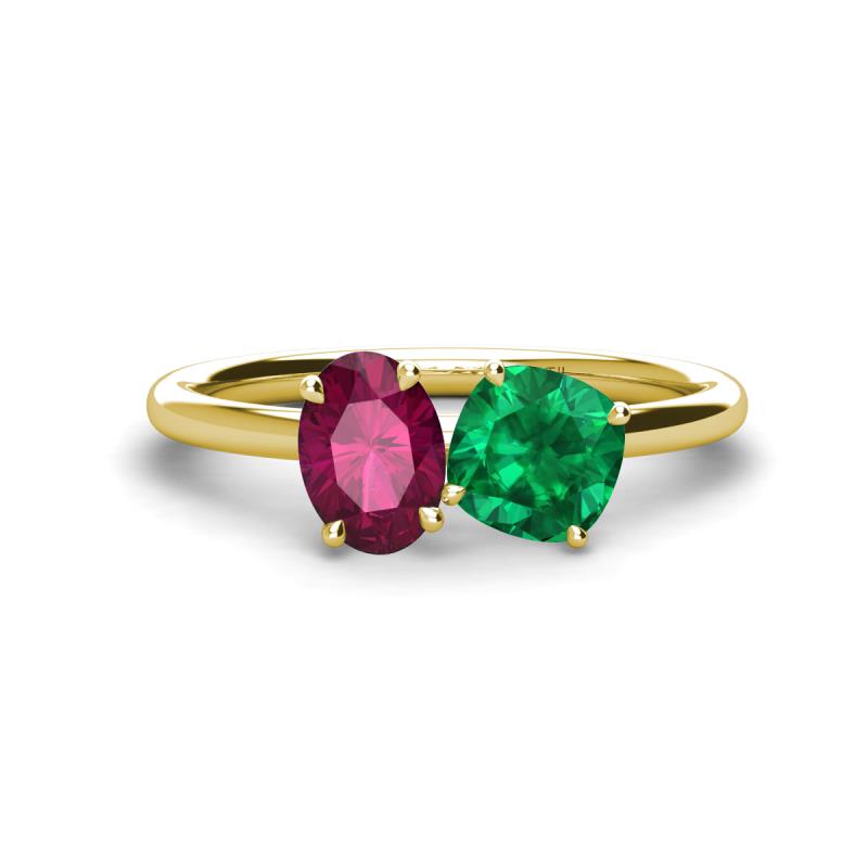 Tanya Oval Shape Rhodolite Garnet & Cushion Shape Emerald 2 Stone Duo Ring 