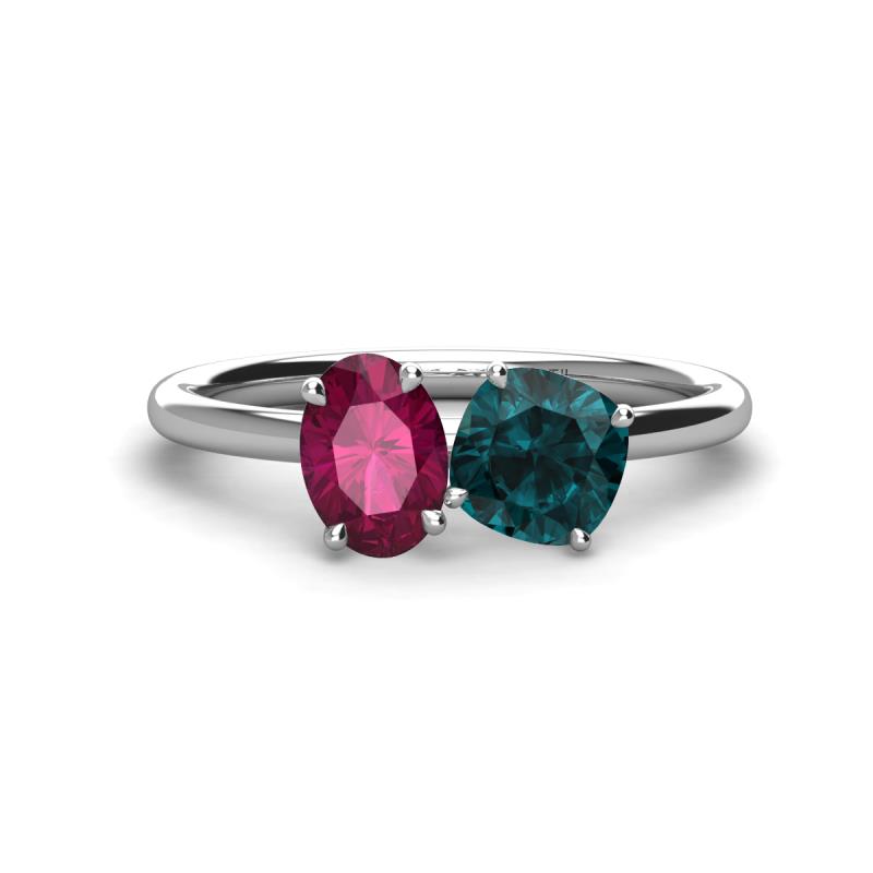 Tanya Oval Shape Rhodolite Garnet & Cushion Shape London Blue Topaz 2 Stone Duo Ring 