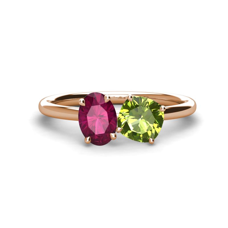 Tanya Oval Shape Rhodolite Garnet & Cushion Shape Peridot 2 Stone Duo Ring 