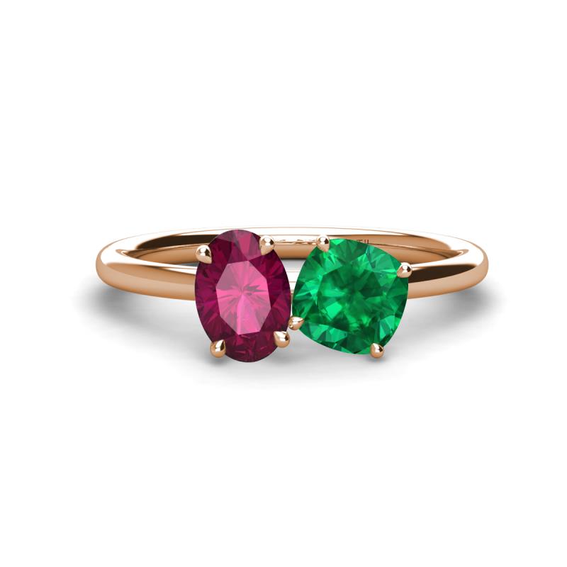 Tanya Oval Shape Rhodolite Garnet & Cushion Shape Emerald 2 Stone Duo Ring 