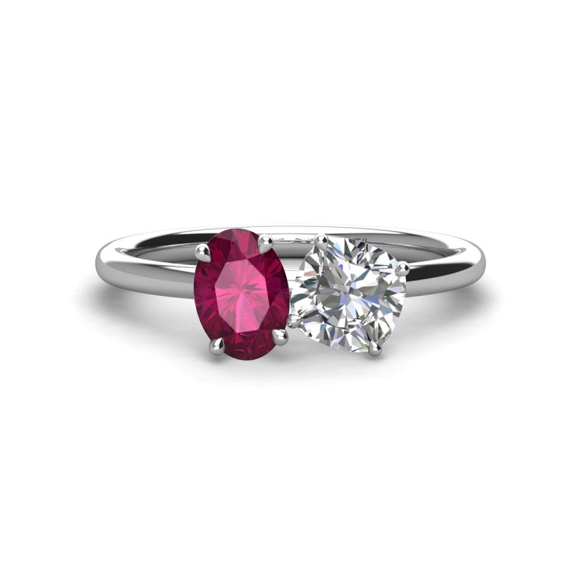 Tanya Oval Shape Rhodolite Garnet & Cushion Shape Forever Brilliant Moissanite 2 Stone Duo Ring 