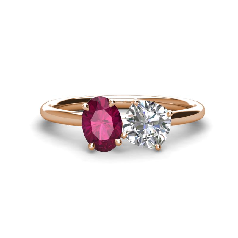Tanya Oval Shape Rhodolite Garnet & Cushion Shape GIA Certified Diamond 2 Stone Duo Ring 