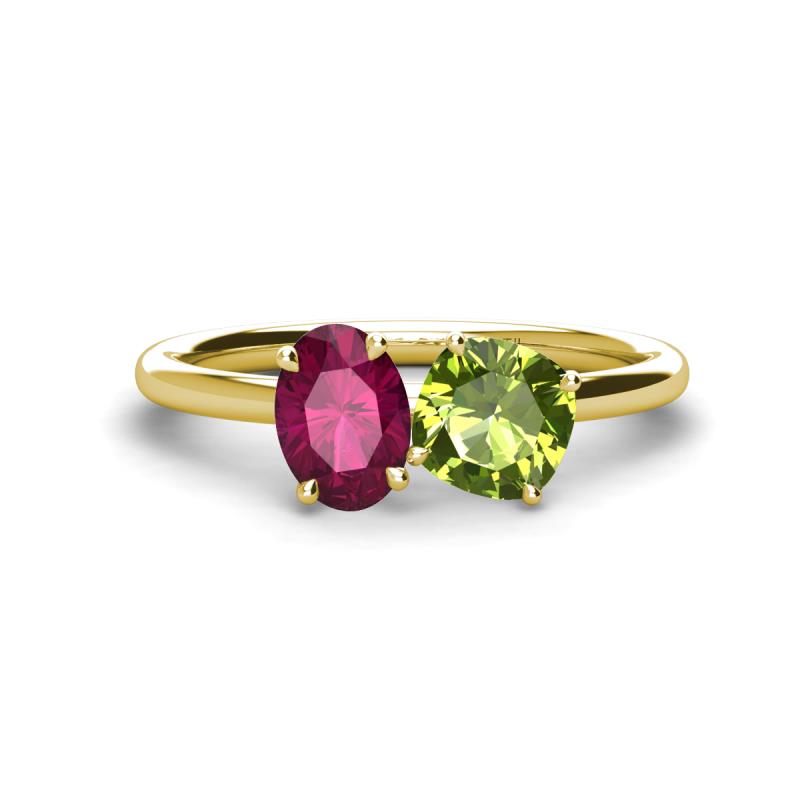 Tanya Oval Shape Rhodolite Garnet & Cushion Shape Peridot 2 Stone Duo Ring 