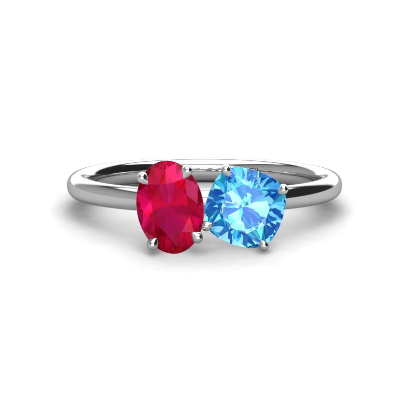 Tanya Oval Shape Ruby & Cushion Shape Blue Topaz 2 Stone Duo Ring 