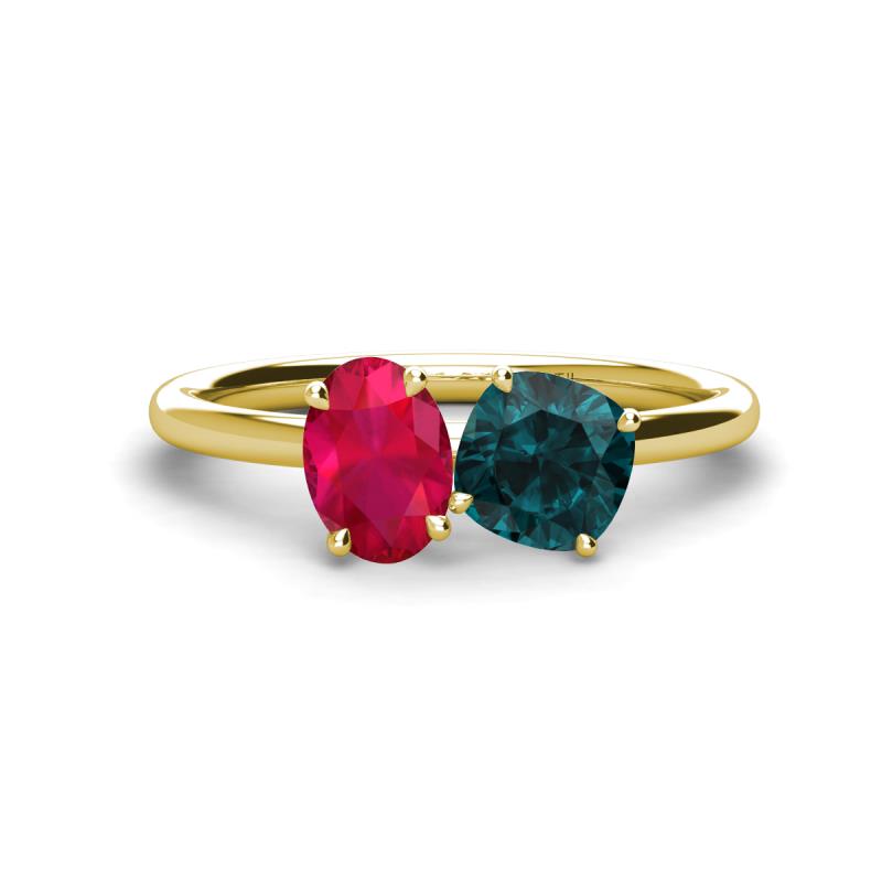 Tanya Oval Shape Ruby & Cushion Shape London Blue Topaz 2 Stone Duo Ring 