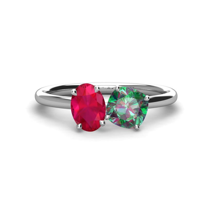 Tanya Oval Shape Ruby & Cushion Shape Lab Created Alexandrite 2 Stone Duo Ring 