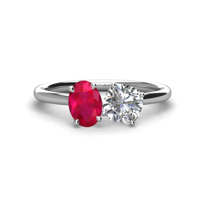 Tanya Oval Shape Ruby & Cushion Shape Forever Brilliant Moissanite 2 Stone Duo Ring 