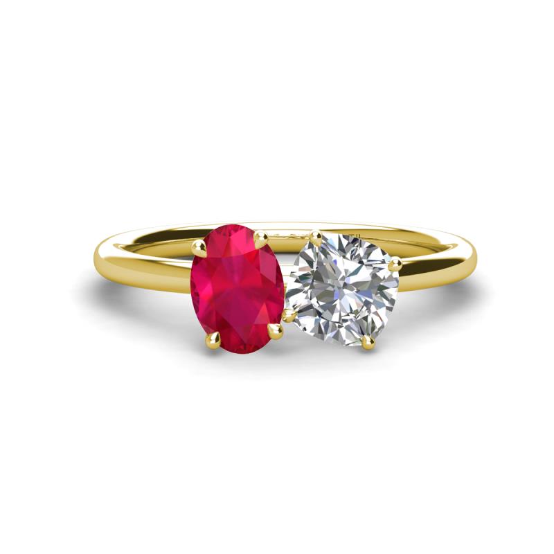 Tanya Oval Shape Ruby & Cushion Shape Forever Brilliant Moissanite 2 Stone Duo Ring 