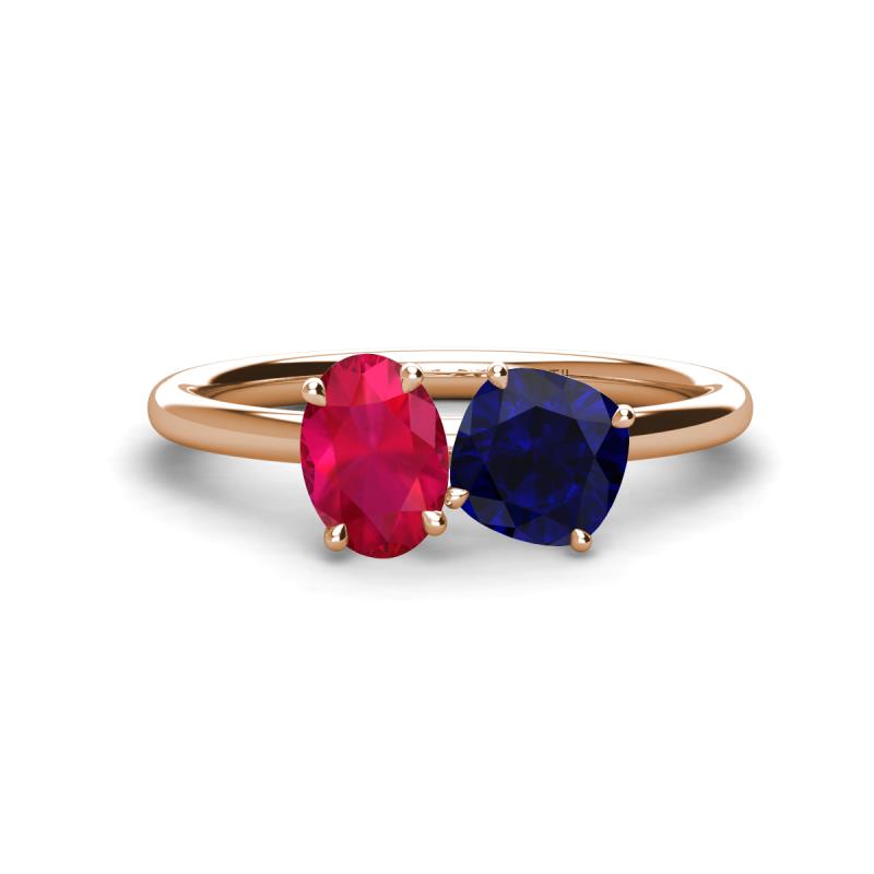 Tanya Oval Shape Ruby & Cushion Shape Blue Sapphire 2 Stone Duo Ring 