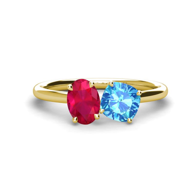 Tanya Oval Shape Ruby & Cushion Shape Blue Topaz 2 Stone Duo Ring 