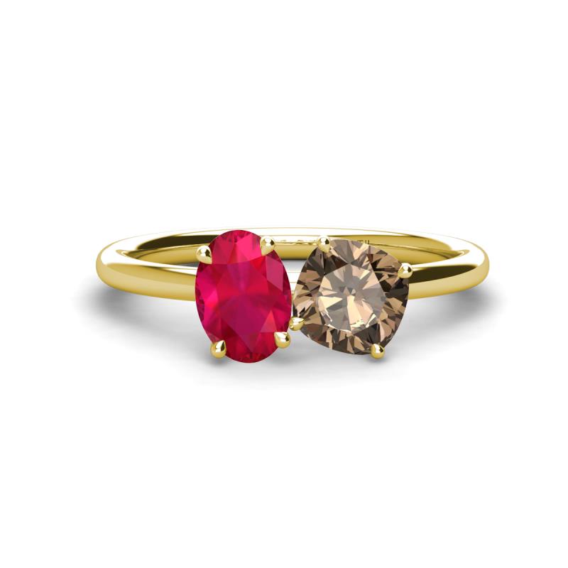 Tanya Oval Shape Ruby & Cushion Shape Smoky Quartz 2 Stone Duo Ring 