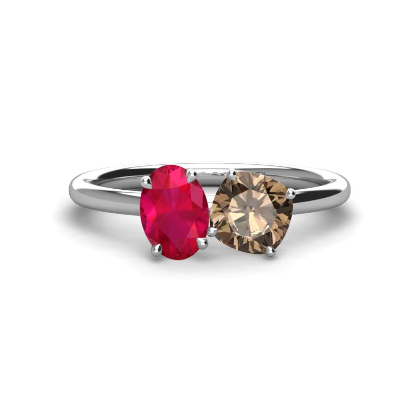 Tanya Oval Shape Ruby & Cushion Shape Smoky Quartz 2 Stone Duo Ring 