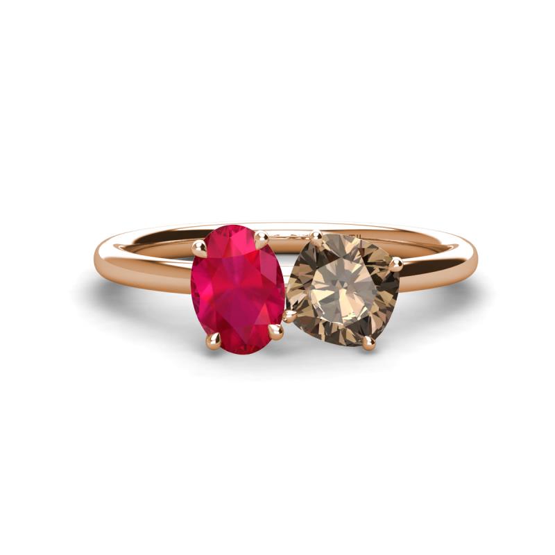 Tanya Oval Shape Ruby & Cushion Shape Smoky Quartz 2 Stone Duo Ring 