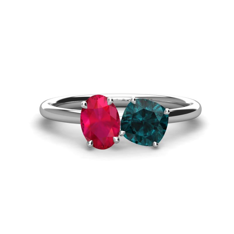 Tanya Oval Shape Ruby & Cushion Shape London Blue Topaz 2 Stone Duo Ring 